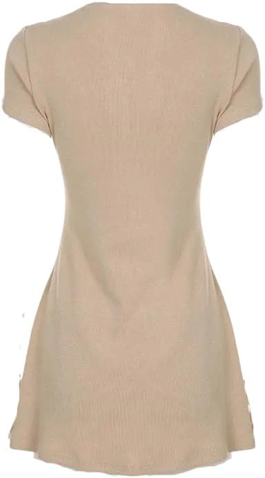 GCZREN Women Sexy Deep V Neck Button Front Knit Mini Dress Elegant Short Sleeve Ribbed Flowy Hem A-Line Short Dress - Image 7