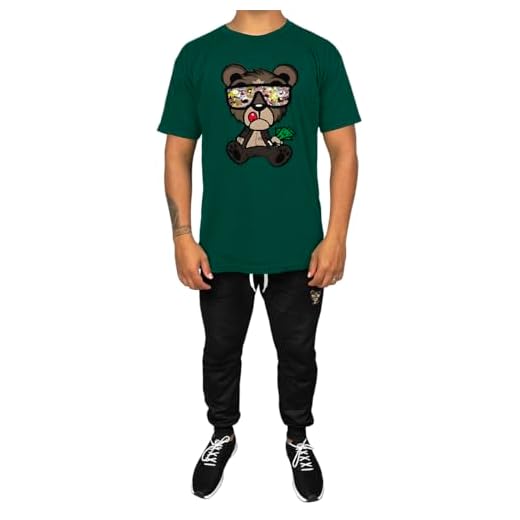 Kit Conjunto Masculino Camiseta Algodão e Calça Moletom Casual Estampado Urso Dollar (Verde, M)