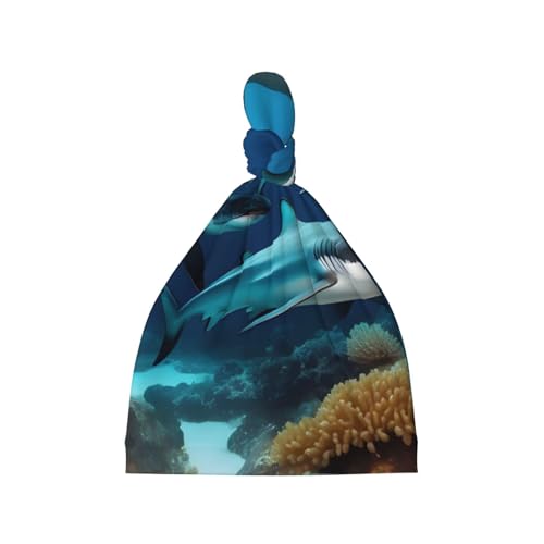 Newborn Baby Hat, Submarine Shark Coral Print Soft Top Knot Beanie Cap, Cute Baby Headwear for 0-6 Months