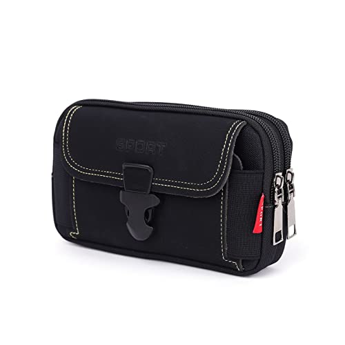 LAXIAY Men's Mobile Phone Sports Bag,Canvas Belt Bag Phone Wallet Purse,Outdoor Sports Bum Pouch Casual Mobile Phone Pocket (Black,A)