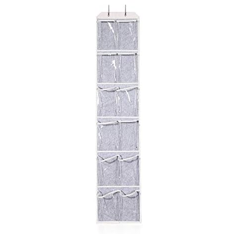 Over the Door Shoe Organizer - Hanging Holder with 12 Large Clear Pockets and 2 Metal Hooks for Narrow Closet Door Cover