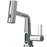 Modern Digital Bathroom Sink Faucet Single Handle Pull-Up Vanity Sink Faucet,Homili Chrome Countertop Tap with Pull-Down Spray,Three Water Outlet Modes (Chrome)