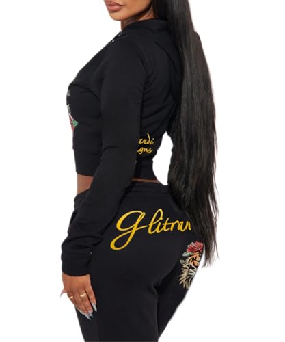 Glitrandi Womens 2 Piece Outfits Fashion Print Cropped Hoodies Jacket Sweatpants With Pockets Tracksuit For Women3