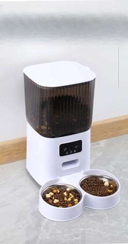 Cicqkks フィーダーフィーダーペットスタンド自動用品高架安定性滑り止め猫犬タイマー機能音声録音アプリ操作スマートフォン遠隔操作タイミング定量 (ホワイト,ダブルボウルフィーダー)