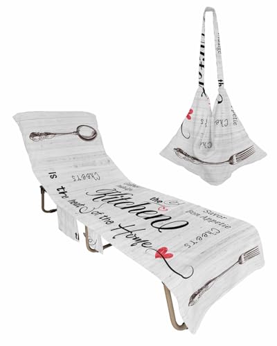 Kitchen Family Quotations Beach Chair Towel Covers for Chaise Lounge with Side Pocket, Soft Plush Pool Towels Cover for Patio Sunbathing Outdoor 29''x85'' Modern Farmhouse Gray