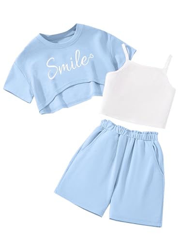 Image of Girl's Summer 3 Piece Outfits Graphic Short Sleeve Crop Top Cami and Shorts Clothes Set