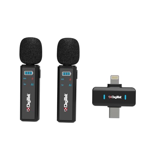 Image of Digitek DWM-021 Wireless Clip-On Microphone with AI Noise Cancellation | Dual Mic (2 Transmitters, 1 Receiver) | 2.4GHz Low Latency, 40m Range | Type-C & Lightning