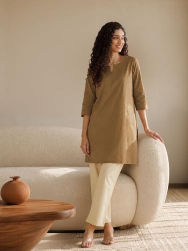 Image of SAADAA Airy Linen Mid Thigh Length Kurta for Women | Stylish Split Neck, 3 /4 Sleeves & Side Pockets | Comfortable Everyday Wear Kurta | Breathable Fabric |