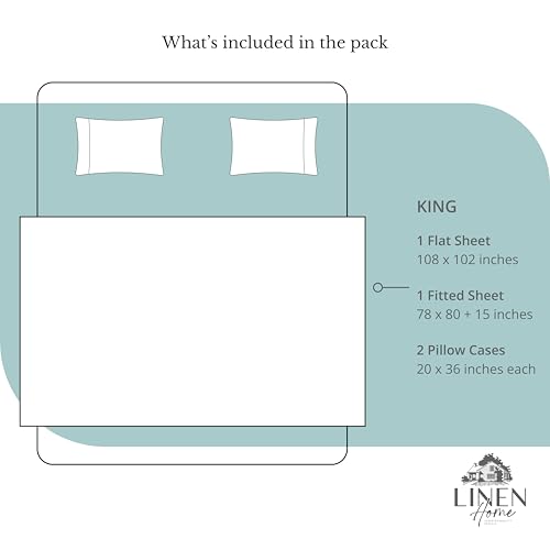 Image of Linen Home 100% Cotton Percale Sheets King Size, Aqua Blue, Deep Pocket, 4 Pieces Set - 1 Flat, 1 Deep Pocket Fitted Sheet and 2 Pillowcases, Crisp Cool and Strong Bed Linen