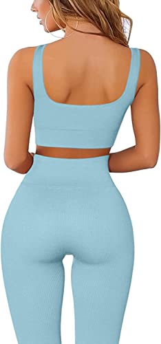 Beaufident Workout Set For Women Activewear Outfits Ribbed Seamless Legging With Sports Bra 2 Pieces Gym Tracksuits Blue #TOP1