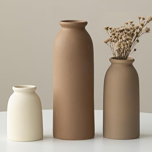 Set of 3 Small Ceramic Vases for Home Decor & Table Centrepieces Rustic Farmhouse Style Mini Decorative Flower Vases (Earth Tone M)