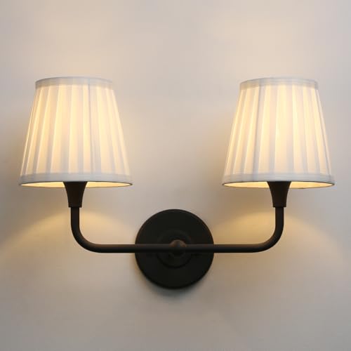 Image of Yosoan 2-Light White Pleated Fabric Shade Wall Sconce, White Pleated Cup Funnel Shade, Vanity Vintage Industrial Hardwired Indoor Boho Wall Mounted for Kitchen Living Room Staircase (Black)