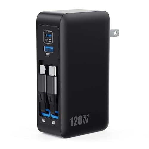 USB C Charger Block 120W with Built-in 2 Retractable Cables 4-in-1 GaN IV Charger Fast Charging Foldable Plug Wall Charger PD 65W Laptop Charger for MacBook iPad iPhone 17/16/15/14 Galaxy Android etc