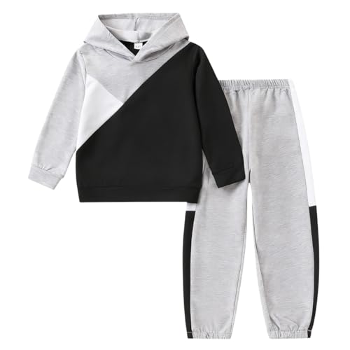 Image of Boys Clothes 2pcs Tween Boy Color Block Hoodie + Pants Little Boys Fall Winter Outfits Set, 4-12 Years