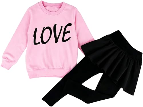 Image of Little Girls Outfits Clothes Toddler Long Sleeve Heart Print Hoodie Shirts Top + Leggings Kids Clothing Set