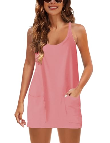 Image of Lentta Womens Athletic Sleeveless Mini Dress with Built-in Shorts V Neck Spaghetti Strap Sundress