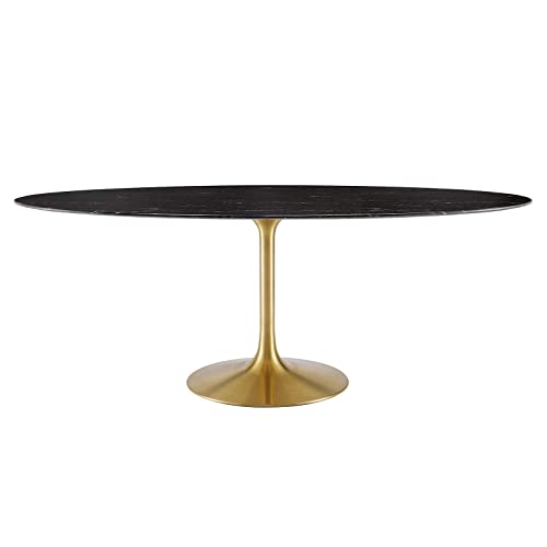 Image of Modway Lippa Oval 78 inch Mid-Century Modern Artificial Marble Dining Table in Gold Black