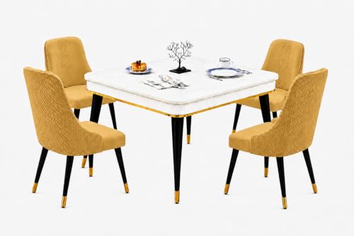 Image of WOODEN SPACE 4 Seater Wooden Dining Table Set | Urban Marble Top Dining Table with Chairs for Dining Room & Kitchen (Modern Vento Yellow) (42 x 42 x 30 inch)