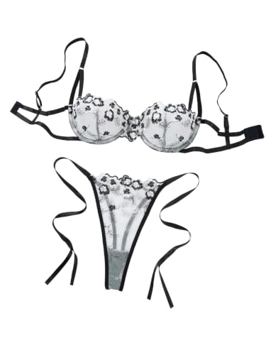 Image of Lilosy Sexy Lingerie Set 2 Piece Women Bra and Panty | Tie Side Cute Sheer Push Up Embroidered Mesh Bridal Wedding Matching Strappy Underwire Petite Honeymoon Christmas Valentine's