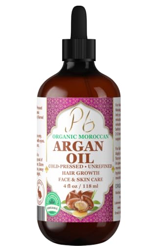 Pomberries Organic Moroccan Argan Oil – 100% Pure Cold-Pressed Virgin Oil for Hair, Skin, Face, Scalp & Body – Natural Moisturizer, Argan Hair Treatment, Glass Bottle – 4 fl oz