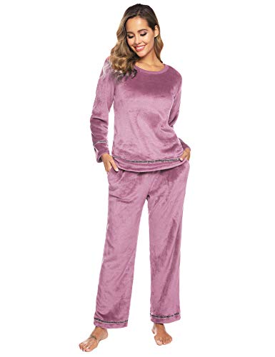 Sykooria Pigiama Donna Felpato Invernale Caldo Morbido Pigiami Due Pezzi da Donna di Pile Casa Set Lunghi Sleepwear Pantaloni Nightwear con Tasca Rosa L