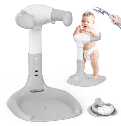 Image of One Piece No Assembly /Installation Baby Shower Stand with Anti-Slip Base and Shower Holder, Foldable Baby Bath Standing Support for Boy /Girl, Adjustable Toddler Stand Up Bath for 6-36 Months, Gray