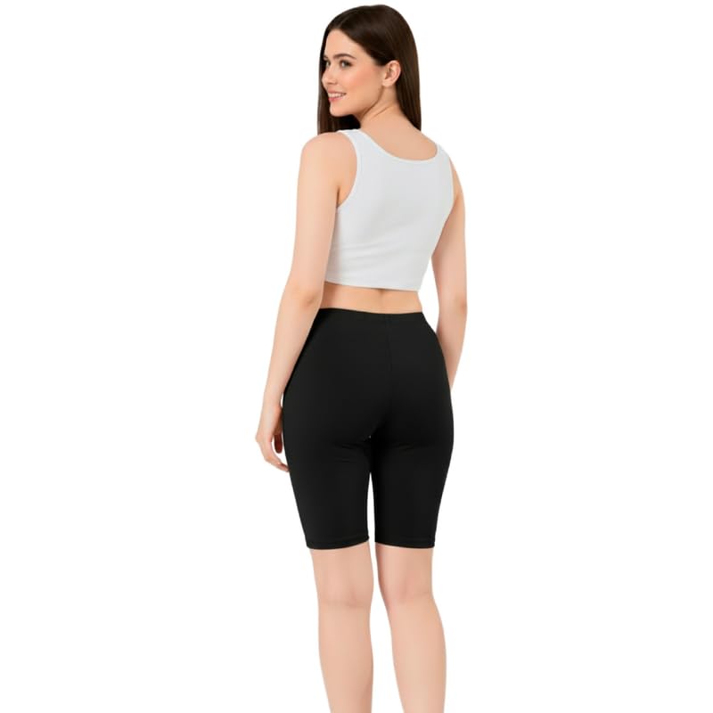Image of Women's Cotton Lycra Cycling Shorts | 95% Cotton 5% Spandex | Stretchable Knee Length Tights for Gym, Yoga & Sports