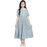 [Banlan] 子供服 女の子 ワンピース 夏 丸襟 キャザー 半袖 前開き Aライン ロング 無地 ガールズ 可愛い 学園風 韓国 通学 通園 ブルー ネイビー 130-170cm (JP, 身長, 140, ブルー)