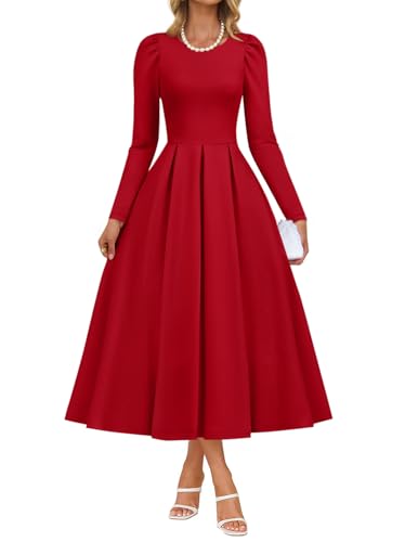 ZESICA Women's Long Sleeve Midi Dresses 2025 Fall Elegant Crewneck