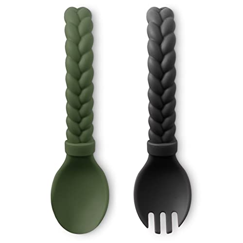 Image of Itzy Ritzy Silicone Spoon & Fork Set; Baby Utensil Set Features A Fork and Spoon with Looped, Braided Handles; Made of 100% Food Grade Silicone & BPA-Free; Ages 6 Months and Up, Camo/Midnight