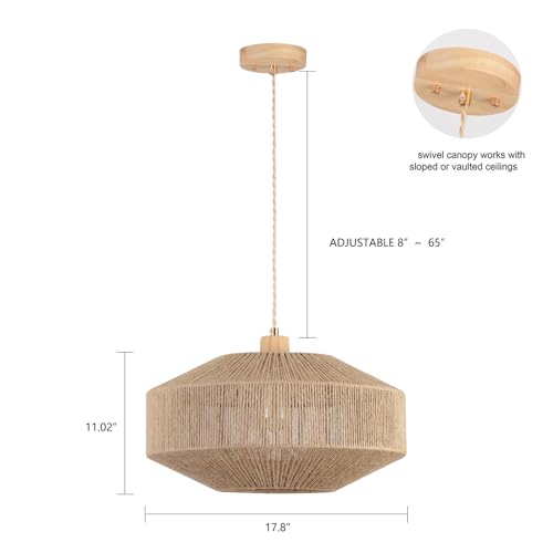 Hchunqjor Coastal Large Woven Pendant Light Fixture 17.8 inch One-Light Adjustable Natural Hemp Rope Cage Pendant Lighting for Kitchen Island Dining Room Living Room Farmhouse - Image 4