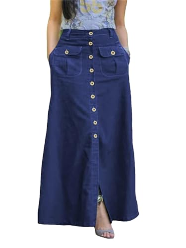 Women Skirts Summer Denim Solid Color Long Skirt Casual Split Bottoms Lady A-Line Button Up Skirt