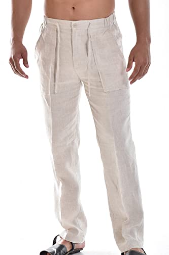 bohio Men's Casual Summer 100% Linen Drawstring Pants - MLP19