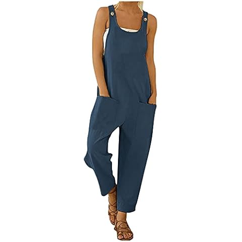 QWERTUR Button Long Women Jumpsuit Playsuit Boho Romper Pocket Solid Strap Casual Women's Jumpsuit Women Jumpsuits Blue Cover