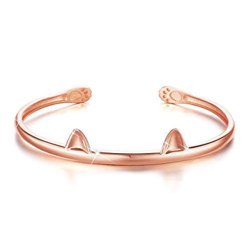 SHEGRACE Bracelet Femme Jonc Ouvert en Pur Argent 925 Sterling, Ornement Oreilles de Chat mignion...