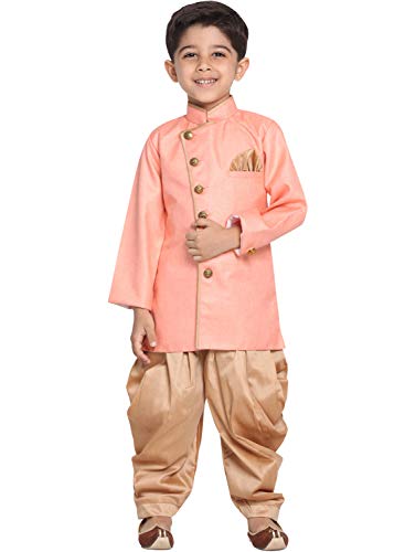 JBN Creation Boys Cotton Blend Indowestern Sherwani and Dhoti Set | Angrakha Style Indo-Western Full Sleeves Sherwani With Cowl Style Patiala Dhoti Pant Set