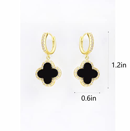 Xudejun Gold Plated 925 Sterling Silver Gem Hoop Earrings Clover Designs With Crystal Charms Crystal Natural Gemstone Dangle Earrings For Women (Onyx Black)……… #TOP1