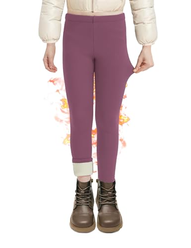 DDOBB Girls Fleece Lined Leggings Black Winter Thermal Warm Clothes Running Thick Pants Cold Weather for Kids Dark Pink 8-11 Years