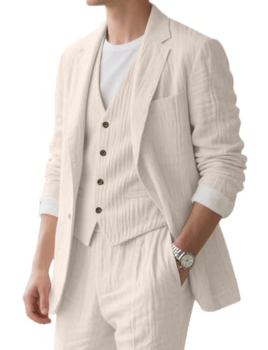 Linen Mens Suit 3 Piece Slim Fit Beach Homecoming Suit for Men Prom Party Casual Blazer Vest Pant Set