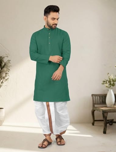 Image of UNIQUE MOMENTS Men's Cotton Dhoti Kurta Set with Full Sleeves Solid Pattern Modern Style and Mandarin Collar Neck | Perfect for Puja & Celebrations