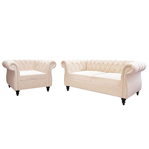 Image of QHITTY 2 Piece Living Room Set, Sectional Chesterfield Sofa Chair Contemporary Upholstered Velvet Loveseat Couch Sets for Living Room, Bedroom, Office