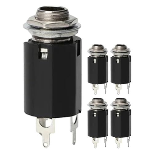 Image of 5pcs Metal Jack Socket for Electric Guitar 1/4 Inch Output Replacement Part | Black Plastic and Metal Construction, Smooth Non-Burr Surface, Solder Lugs, Included Screws, Workshop Bench Use