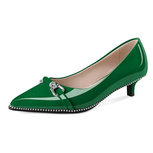 Women Green Kitten Pumps Low Heel Pointed Toe Shoes Ladies Trendy Classic Beaded Dressy Shoes for Event Party Green Patent Leather US Size 8.5