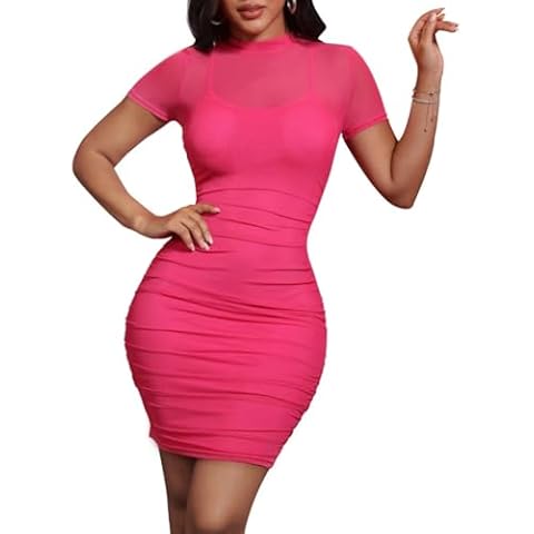 Mojessy Women's Mesh Dress with Under Cami Slip Dress See Through Ruched 2 Piece Outfits Clubwear Night Out Rose Small Cover