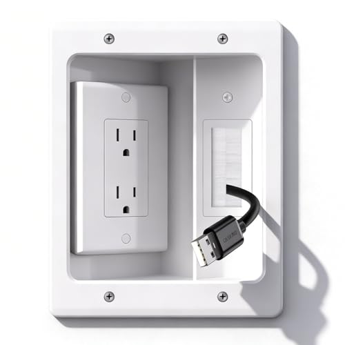 Naerza Wall Cable Concealer Kit with Recessed Tv Outlet Box-Two-Hole Socket Tv Cable Hider Wall Kit Hider Box Fits All Plugs Easy Safe Cable Management
