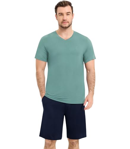 Image of NACHILA Men's Pajamas-Viscose Made from Bamboo, Short Sleeve Top with Shorts Pjs Set V Neck Sleepwear Cool Loungewear