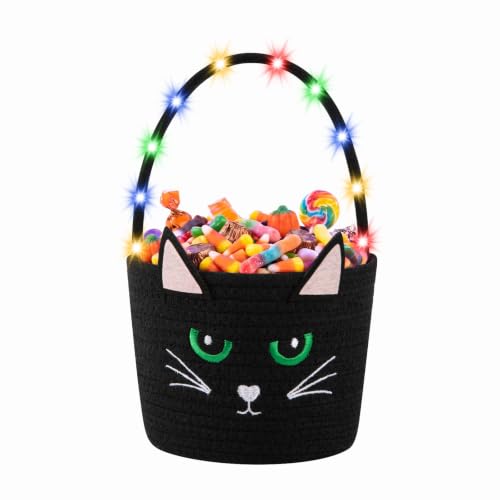 OIAHOMY Halloween Pumpkin Basket with LED Lights - Light Up Trick or Treat Bags for Toddlers & Kids, Soft Woven Cotton Rope Candy Bucket, Cute Reusable Boo Gift Basket for Holiday Party Decor Black - image 1