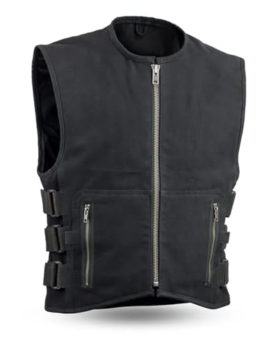 Image of First Mfg Co - Knox - Men's Motorcycle Biker Riding Black Canvas Vest - Extra Large - Adjustable Strap Conceal Carry Pockets