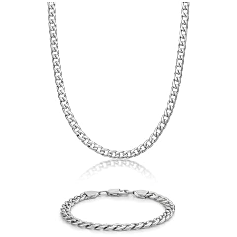 Metro Jewelry Thick Curb Boxed Chain Necklace and Bracelet Set for Men Stainless Steel 22 Inches Chain 7.5 mm Wide Lobster Claw Jewelry Set Cover