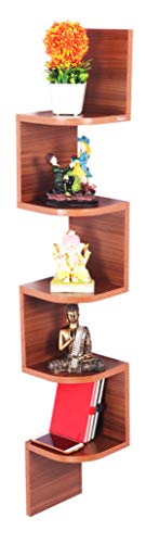 Image of Madhuran Zigzag Engineered Wood Wall Mounted Corner Shelf Unit Tiers 5 (Matte,Teak Finish) Ladder Organiser Pooja Soap Wooden Self Triangle Utility Storage Zig Zag Racks